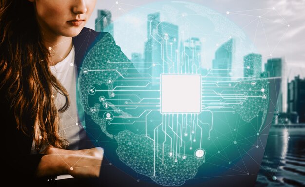Advanced AI technology dashboard with neural network visualization and data analytics interface